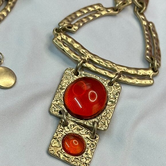 VTG Dana Buchman Gold-Tone Textured Metal Necklace Amber-Colored Cabochons. - Picture 9 of 12